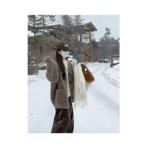 여자 모피 코트 스웨이드 퍼 일체형 봄 가을 양털 롤업 미디엄 롱 도톰 BE3