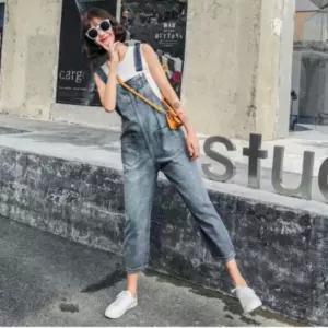 여성용 연청 데님 9부 멜빵 롤업 팬츠 캐주얼 바지 PkO2+7SWR