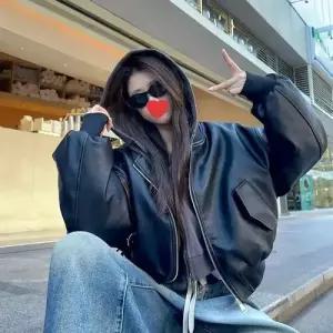 여자 검정 빈티지 춘추 코트 복 숏 시크하고 잠바 점퍼 야구 라이더 늠름한 PU가죽 집업 항공 가죽 MF3