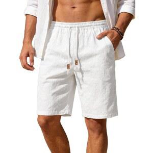 리넨메인 남성용 코튼 린넨 반바지 캐주얼 탄력 허리 드로스트링 여름 해변 휴가용 반바지 포켓 포함
