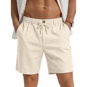 플레판 남성 캐주얼 린넨 반바지 - 7인치 탄력 허리 드로스트링 여름 해변 휴가 쇼트
