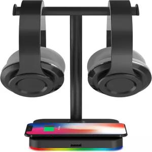 KAFRI RGB 듀얼 헤드폰 스탠드 무선 충전 책상 게이밍 더블 헤드셋 홀더 행거 랙 10W/7.5W QI 패드 및 QC