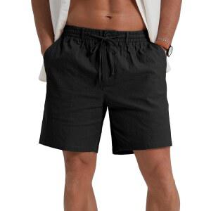 세일윈드 남성용 린넨 캐주얼 반바지 엘라스틱 허리 드로스트링 여름 해변 반바지 포켓 포함