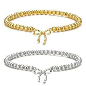 여성용 2PCS 앙증맞은 구슬 팔찌 세트 - 방수 실버 골드 보우 참 스트레치 볼 수제 스태커블 팔찌, 트렌디한 조절 가능한 주얼리 생일 선물