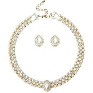 SUSANN 코스튬 레이어드 트위스트 골드 진주 목걸이 초커 청키 유리 문구 진주 목걸이 및 귀걸이 세트, 여성에게 좋은 선물 가짜 진주 목걸이 세트