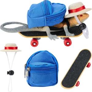 AOWPFVV 3팩 수염 용 장난감 액세서리 도마뱀 조절 가능한 모자와 미니 스케이트보드 햄스터 앵무새 작은