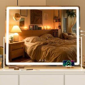 조명이 있는 바투소 대형 베니티 미러 29.5인치 x 22인치 - 터치스크린 할리우드 메이크업 미러, 3가지 컬러 모드 + 디밍 가능한 LED 조명, 화장대 및 욕실용 프리미엄 알루미늄 프레임