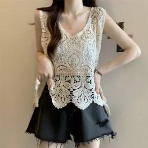 여성 어드 민소매 망사 니트 조끼 여름