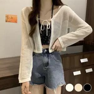 시스루 아이템 여름 포인트 망사 숏 끈 가디건 레이어드 룩 세미크롭 원픽