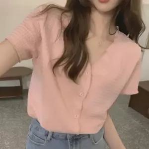 링클 주름 반팔 브이넥 가디건 주름 상의 내추럴 데일리 여름용