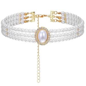 여성용 헤실라 펄 초커 목걸이 보호 3단 다층 고급 라인스톤 진주 초커 레이어드 초커 화이트 빅토리아 주얼리, 가짜 진주 빈티지 초커 목걸이 생일 크리스마스 선물