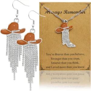 2pcs 웨스턴 귀걸이 목걸이 주얼리 세트 반짝이는 라인스톤 태슬스 카우걸 귀걸이+크리스탈 부츠와 에나멜