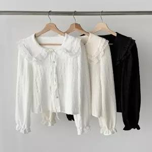 [다잇템] 여성 카라 블라우스 진주버튼 귀여운 프릴 리본 엠보