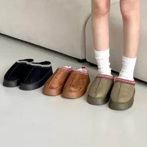 [다잇템] 여성 보온 라이닝 FW 방한 짧은 두꺼운굽 샌들힐 세무 슬리퍼