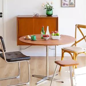 니코키 원형 모던 솔리드 우드 식탁 가구 크로스 메탈 베이스 브라운 작은 책상 사무실용 커피 테이블 2-4