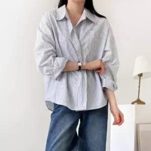 [다잇템] 여성용 경량 봄여름 코튼 단가라 긴팔티 셔츠