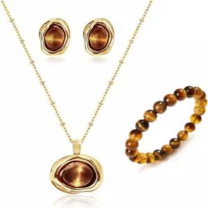 키스프뢰 골드 타이거스 스톤 목걸이 팔찌 귀걸이 세트 청키 젬스톤 펜던트 댕글 내추럴 스트레치 발렌타인