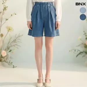 여성 밴딩 핀턱 4부 데님 반바지