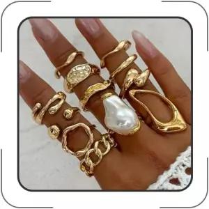 여성용 LKinggel 청키 골드 반지 바로크 진주 오픈 조절 가능한 스태킹 너클 세트 보호 프롬 의상 패션
