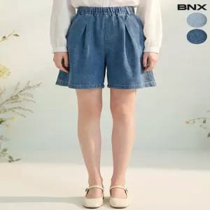[비엔엑스]여성 밴딩 핀턱 4부 데님 반바지