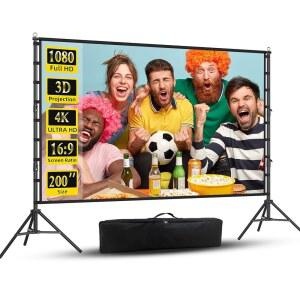 스탠드가 우트페어리 프로젝터 스크린 200인치 휴대용 접이식 프로젝션 4K HD 16 9 후면 주름 영화 캐리백이 실내 야외 홈 시어터 뒷마당