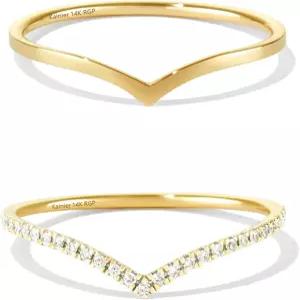 카이니어 여성용 2쌍 스태킹 링 1mm 14K 금도금 CZ V자형 물결무늬 밴드 얇은 핑키 엄지손가락 세트