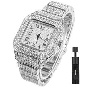 남성용 압직 다이아몬드 아이스 아웃 시계 CZ 골드 도금 40mm 너비 로마 숫자 다이얼 쿼츠 손목 밴드 시계