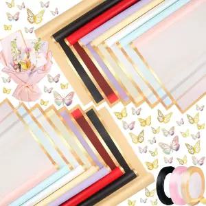 에코포 플라워 포장지 세트 80매 방수 반투명 골드 엣지 플로럴 페이퍼 크래프트 23 x 인치 및 23.6 꽃다발