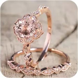 2PCS 14K 로즈 골드 도금 모르가나이트 브라이덜 링 세트 여성용 다이아몬드 웨딩 밴드 쿠션 컷 약속