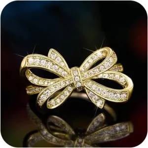 여성용 반짝이는 풀 다이아몬드 링 큐빅 지르코니아 커밋 위한 18K 골드 도금 보우 스태커블 문구 CZ 멀티