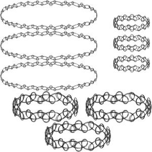 신조듀즈 9 PCS 타투 초커 목걸이 세트 팔찌 블랙 스트레치 반지가 달린 Y2K 액세서리 레트로 고딕 주얼리