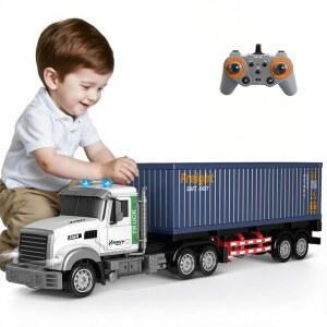 스낵탠트 23.6인치 9채널 리모컨 세미 트럭, 트레일러 u2013 1:24 스케일 RC 컨테이너 운반 트럭 장난감, 3-8 어린이용, 듀얼 배터리, 조명 및 음향 효과, 소년 및 소녀용 최고의 선물