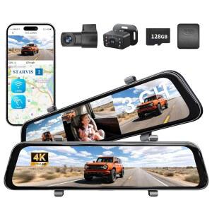 12인치 4K 미러 대시캠 STARVIS 2 센서 후방 카메라 5K 뒷좌석 차량 베이비 모니터 1080P 내장형 8G WiFi GPS 앱 제어
