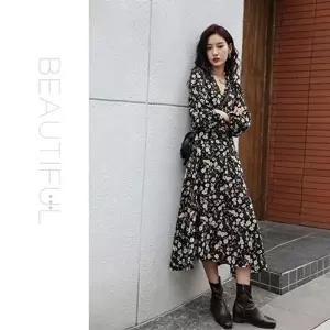 플라워 여성 롱원피스 허리끈 원피스 데이트룩 치마 (HSJ-WD2FC39)