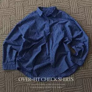 핫핑 [레이어드/체형커버] 피크아 오버핏 코튼 체크 긴팔셔츠