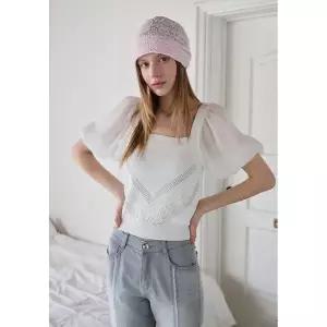 [에고이스트](강남점)[BLUE LABEL] 우븐 배색 소매 니트탑 (ES2OKH03)