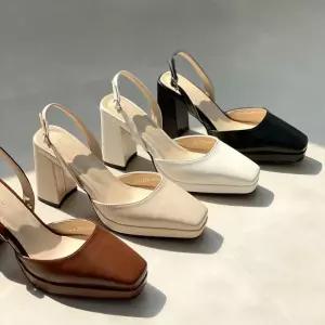 키높이 여자 심플 스트랩 슬링백힐 가보시 통굽 각코