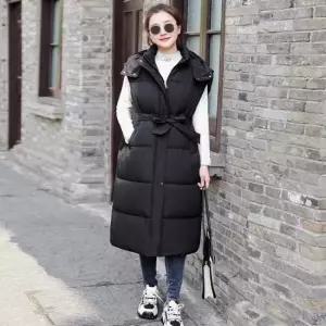 여성 롱 패딩조끼 후드 패딩 조끼 겨울 허리끈