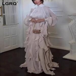 LGRQ 초가을 터틀넥 풀 슬리브 샤이니 프릴 아랍 스타일 바닥 길이 휴가 드레스 여성 베스 티드