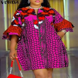 VONDA 여성 보헤미안 드레스 2024 빈티지 프린트 짧은 패션 플레어 슬리브 파티 Sundress 캐주얼 루즈 베스