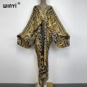섹시한 해변 kaftan 느낌 실크 레이온 패션 프린트 2021 WINYI Maxi 여성 가운 긴 sukienka v 넥 보헤미안