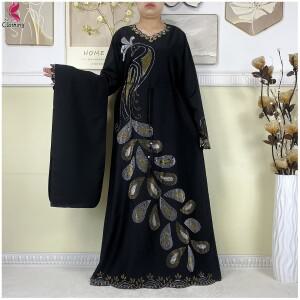 아프리카 의류 여성 다쉬키 드레스 쉬폰 아바야 긴 소매 이슬람 캐주얼 다이아몬드 무슬림 롱