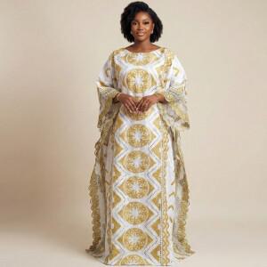 금색과 흰색의 아프리카 여성 바진 리치 부부 드레스,   브로케이드 웨딩 파티 다시키, 스톤 장식 로브
