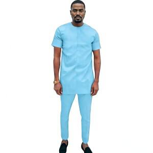 남성용 아프리카 의류, 스카이블루 코튼 탄성 세트, 반팔 상의 및 바지,  패션 초박형 통기성