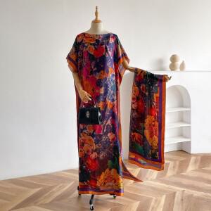 여성용 롱 숄 두바이 패션 프린트 디자인 실크 여름 비치 파티 드레스 액세서리 루즈핏 아프리카 아바야 MO