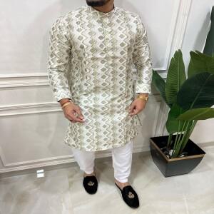 남성 디지털 프린트 쿠르타 바르다 레귤러 핏 만다린 칼라 롱 웨딩, 하리 라야, 아이딜피트리 등 모든 에