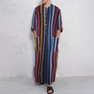 남자 이슬람 긴 소매 면화 줄무늬 가운 아라비안 Kaftan 정장 중동 두바이 Abaya 레트로 봄 의류 2025