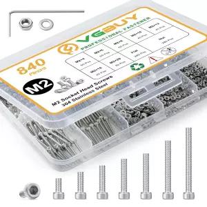 VGBUY 840pcs M2 나사 모음 키트 x 4/6/8/10/12/16/20mm 육각 소켓 헤드 캡 볼트 너트 와셔 304 스테인리스