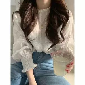 [하프클럽/샵앤]여성 여리핏 펀칭 레이스 브이넥 코튼 블라우스 WON-WBL-WCF431D