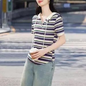 여성용 트렌디 어깨 스트라이프 반팔 집업 셔츠 후드 슬림핏 샤 상의 스트링 아이템 모고 티 HT2